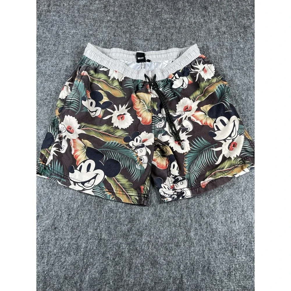 Disney Shorts Men's Size Medium Black‎ Floral Mickey Mouse Swim Trunks Pocket
